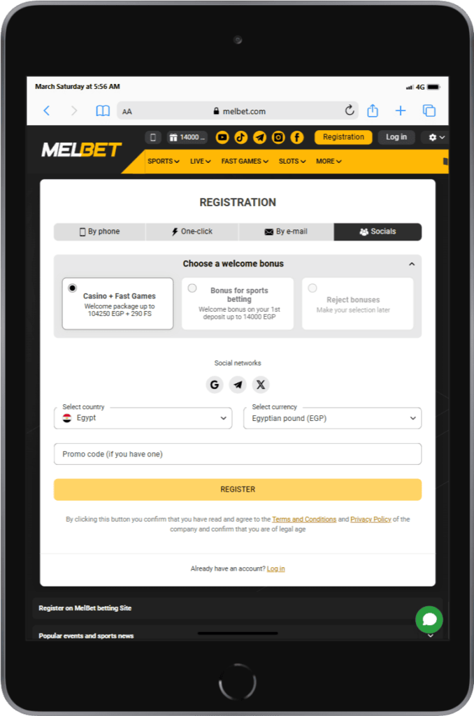 Registration social networks MELBET